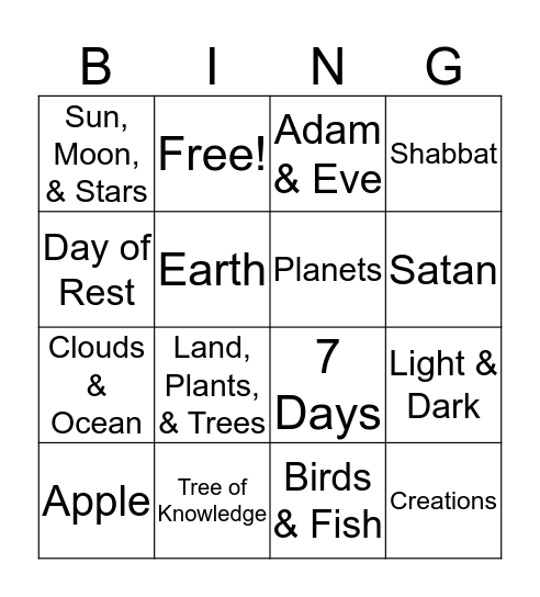 7 Days of Creation Bingo Card