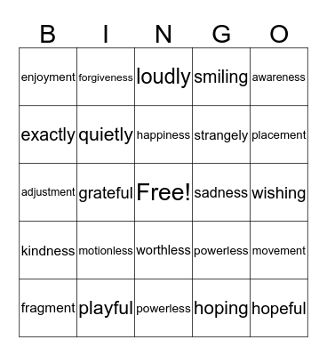 Suffix Bingo Card