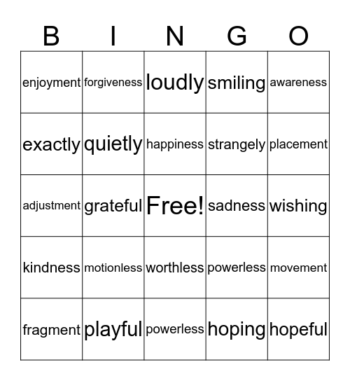 Suffix Bingo Card