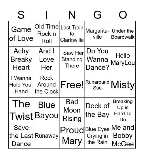 Rocker Singo Bingo Card