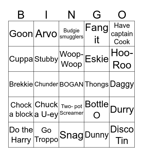 Bogan Bingo Card