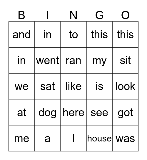 Snap Words Bingo Card