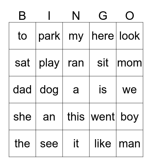 Kinder Snap Words Bingo Card