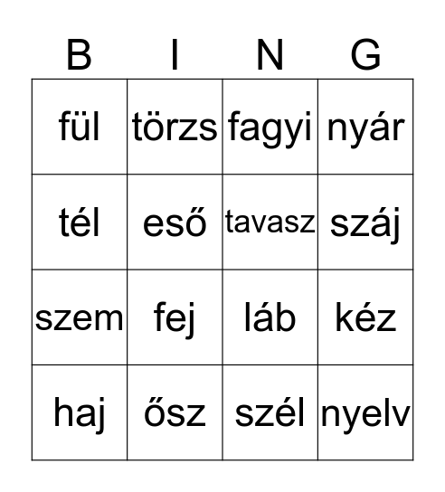 Környezetismeret 4. osztály Bingo Card