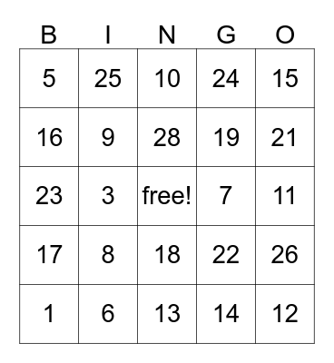 test Bingo Card