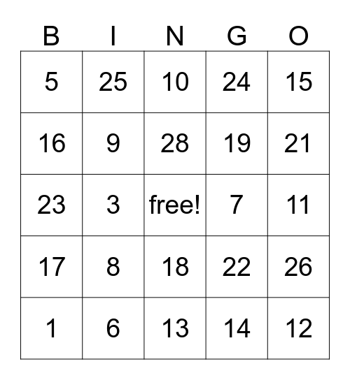 test Bingo Card