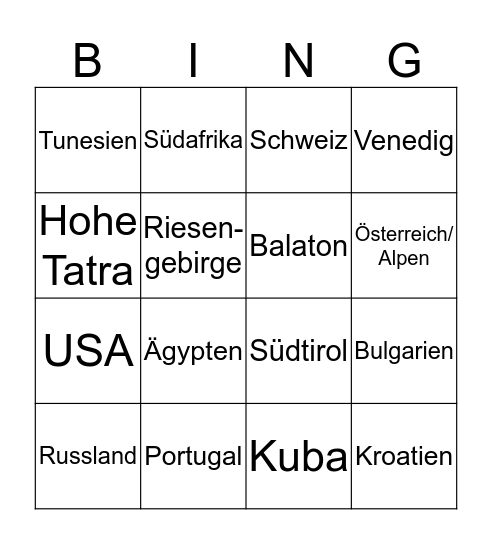 Reiseziele Bingo Card