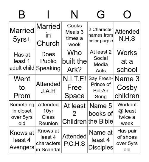 N.I.T.E Bingo Card