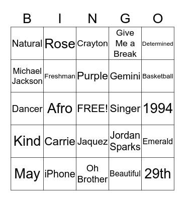 Happy 20th Birthday Carrie!! Bingo Card