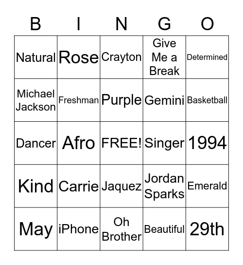 Happy 20th Birthday Carrie!! Bingo Card