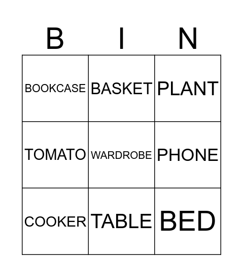 HOUSEHOLD ITEMS (Words) Bingo Card