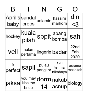 Najma's Bridal Shower Bingo Card