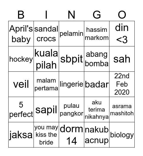 Najma's Bridal Shower Bingo Card
