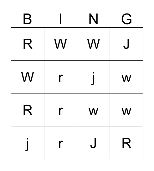 Jj Ww Rr Bingo Card