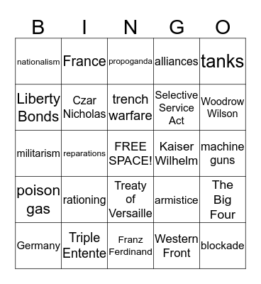 World War I Bingo Card