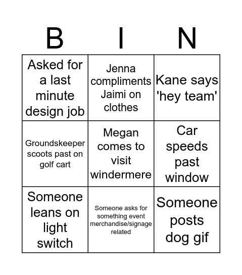 Design Team Bingo Card