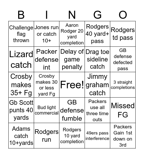 Packers vs 49ers Bingo Card