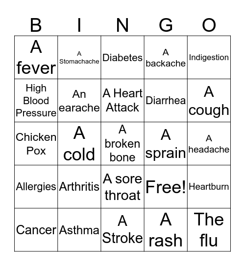 Levels 4/5/6 - I am Sick! Bingo Card