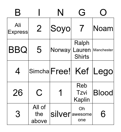 Ephraim and Shani Sheva Brochos Bingo Card