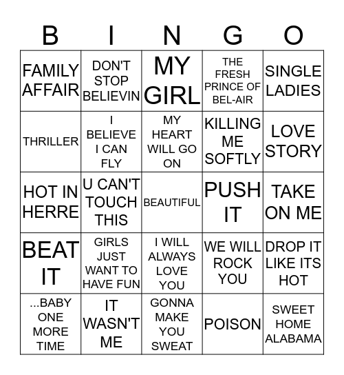 ICONIC SONGS Bingo Card