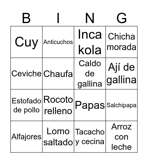 Comida Peruana Bingo Card