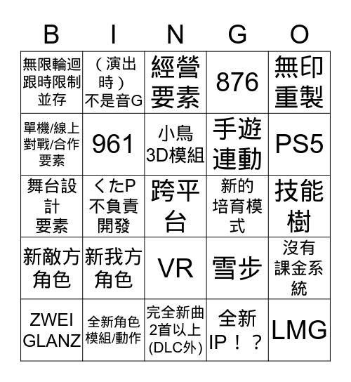 200120 iM@S家用新作發表會賓果 by 火神 Bingo Card