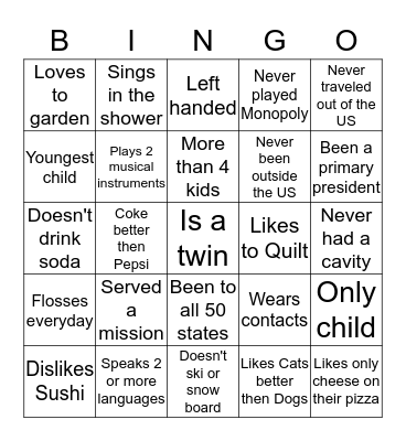 Relief Society Bingo Card