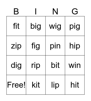 Bingo - short i Bingo Card