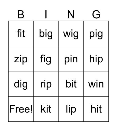 Bingo - short i Bingo Card