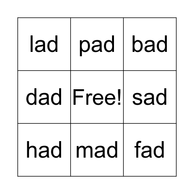 Word Family -ad Bingo Card