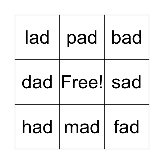 Word Family -ad Bingo Card