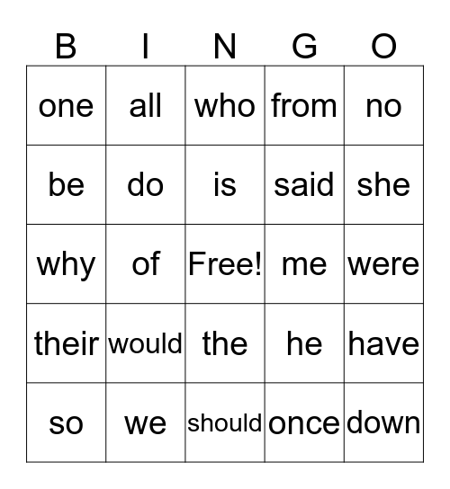 TRICKY WORDS Bingo Card