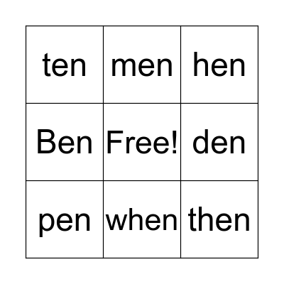 Word Family -en Bingo Card