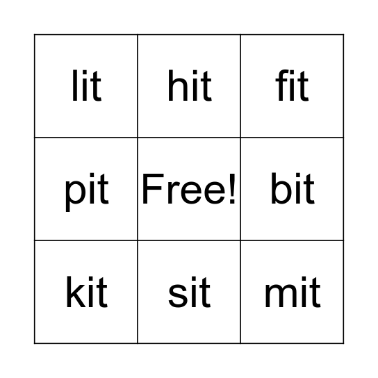 Word Family -it Bingo Card