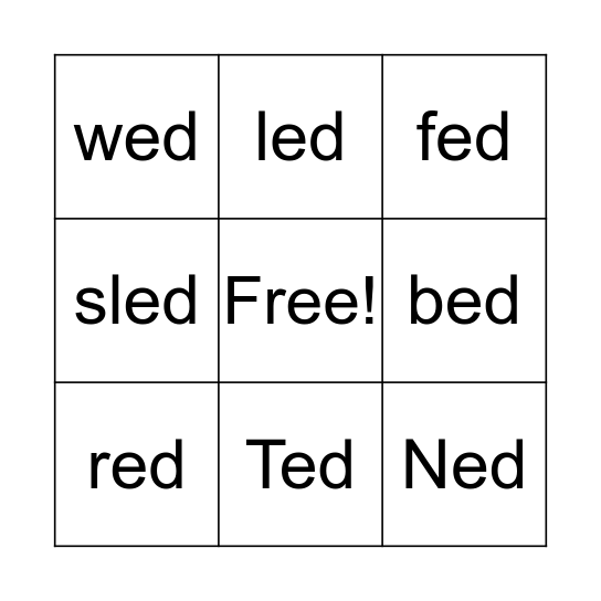 Word Family -ed Bingo Card