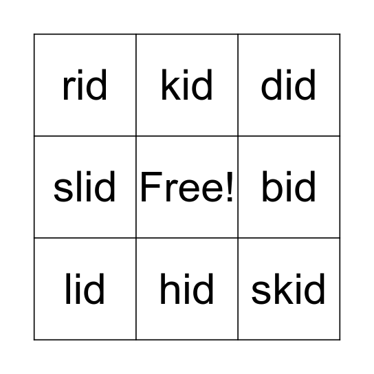 Word Family -id Bingo Card