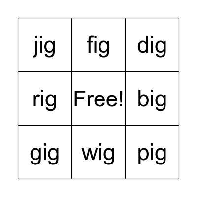 Word Family -ig Bingo Card