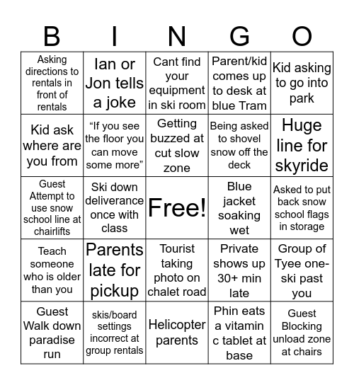 Snow school bingo Card