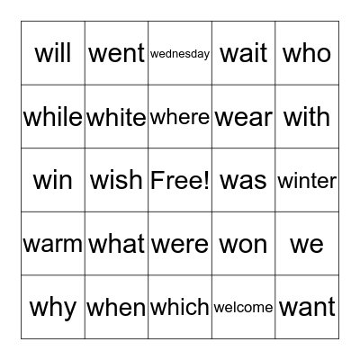 -w words Bingo Card