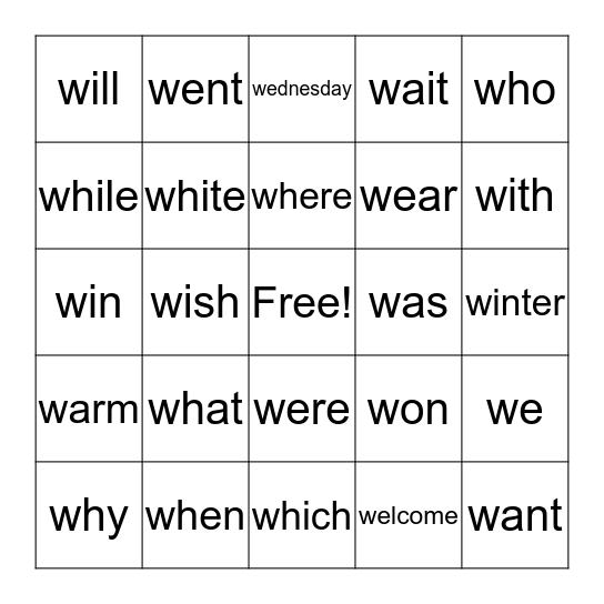 -w words Bingo Card
