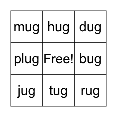 Word Family -ug Bingo Card
