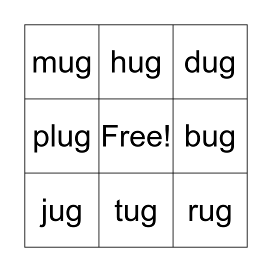 Word Family -ug Bingo Card