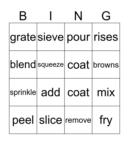 Cooking verbs Bingo Card