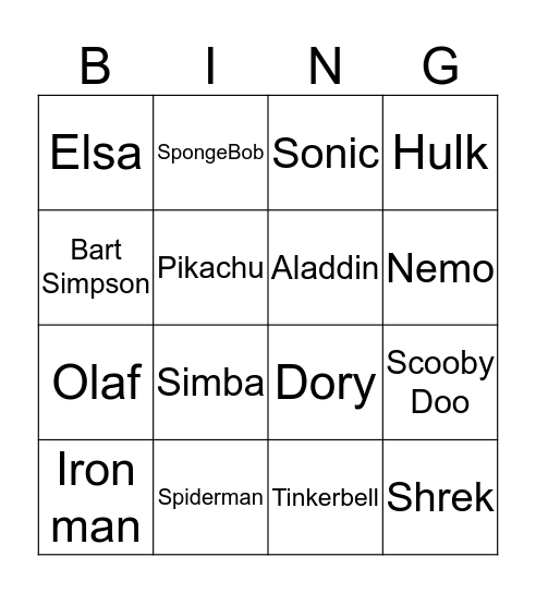 Characters Bingo Card