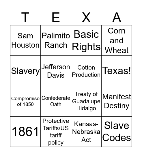 Texas/Civil War Bingo Card