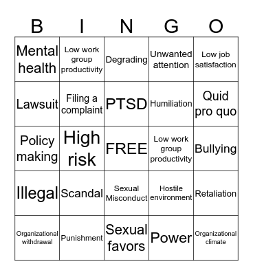 Sexual Harassment in the Workplace Bingo Card