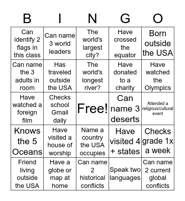 World Cultures Intro Bingo Card