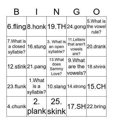 -ng and -nk Review Bingo Card