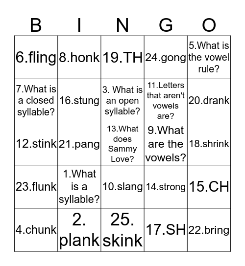 -ng and -nk Review Bingo Card