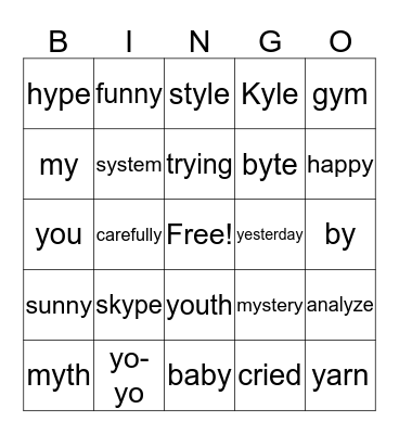The Letter Y Bingo Card